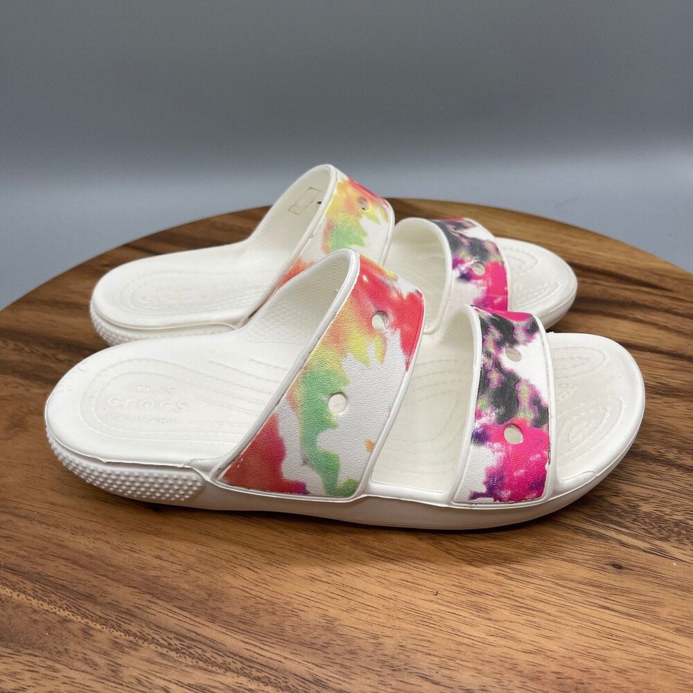 Crocs Two-Strap Sandals Womens 7 Tie Die Floral White Casual Comfort Beach Slide